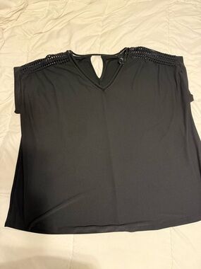 Black V-Neck Cold-Shoulder Blouse with Crochet Trim